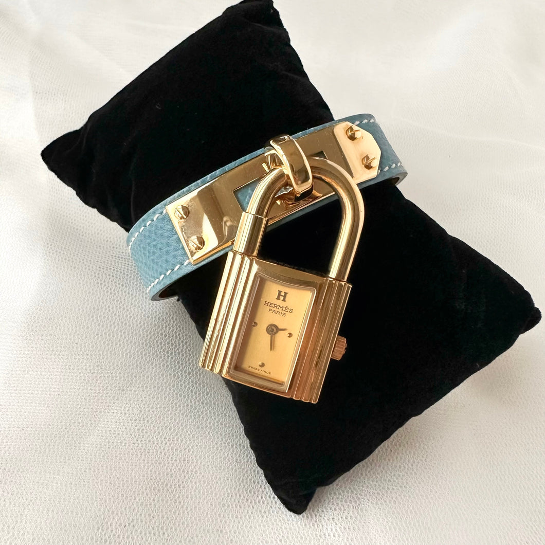 Hermes kelly bracelet watch in jean blue GHW