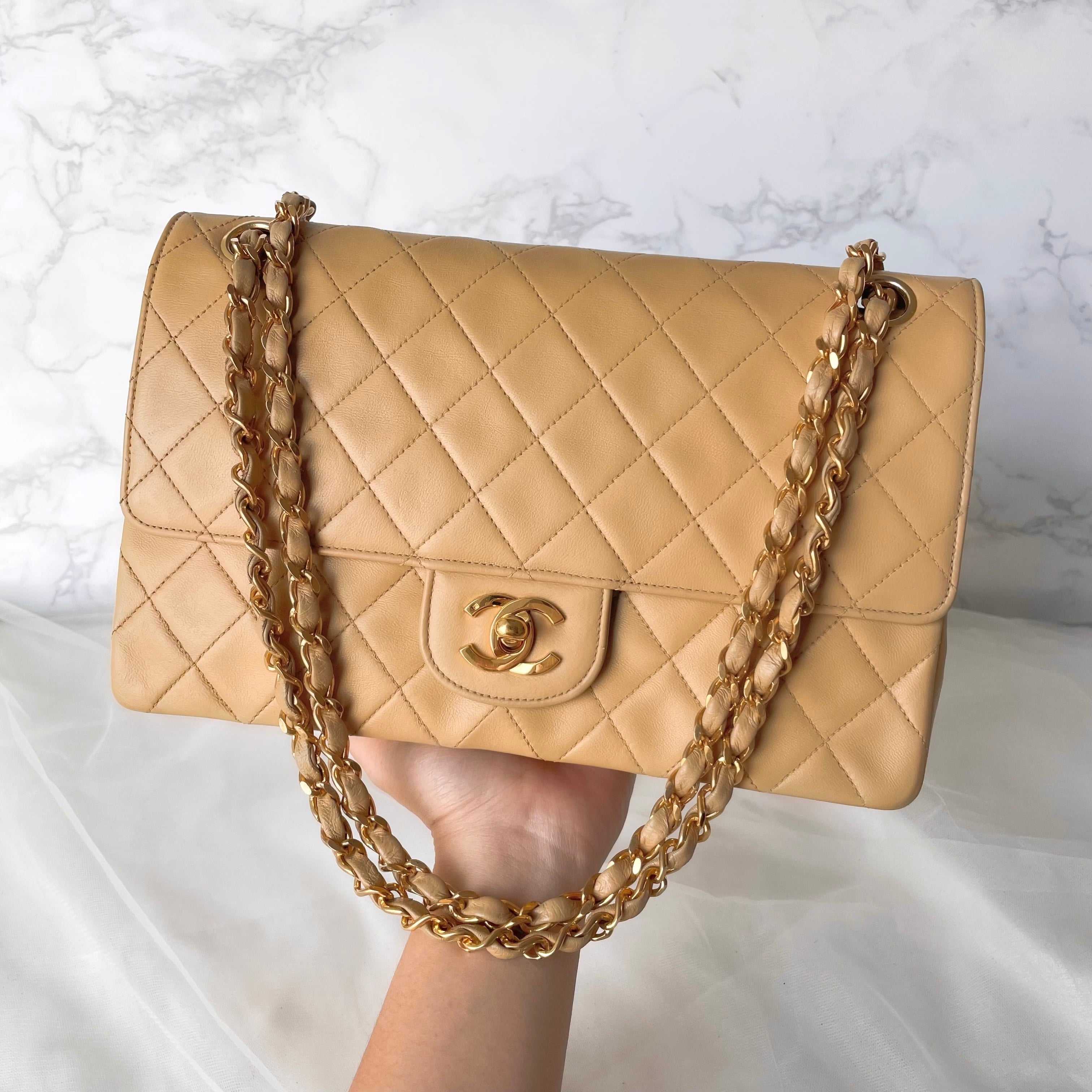 CHANEL Vintage Beige Lamb Skin Medium Classic Flap 24K Gold Plated Har –  AYAINLOVE CURATED LUXURIES
